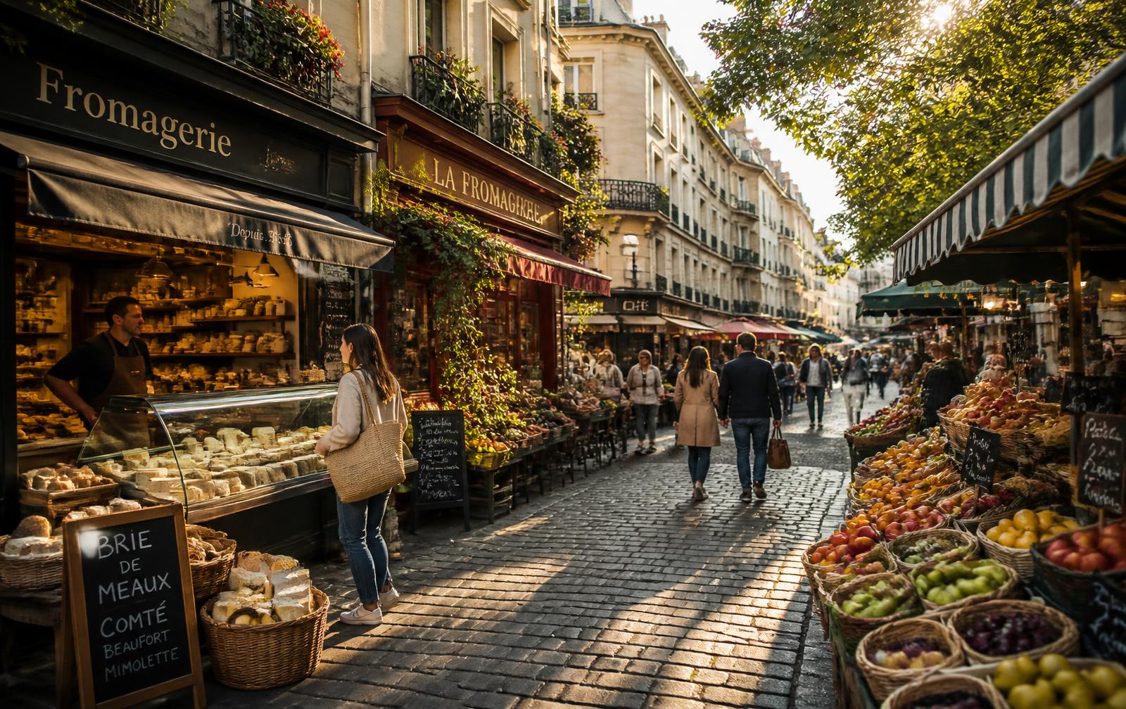 Rue commerçante avec fromagerie et étals de marché